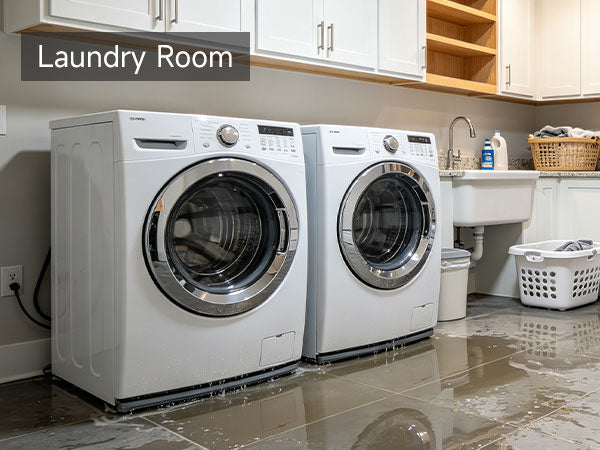 Water leak in laundry room near washing machine causing water damage to the floor
