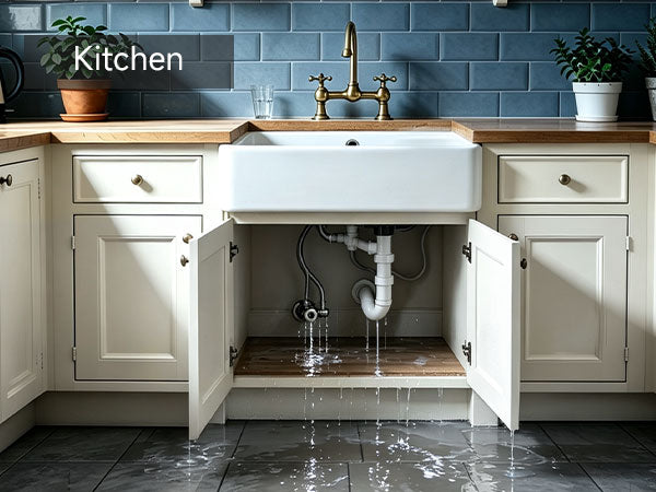 Hidden water leak under kitchen sink causing water damage to cabinets and flooring