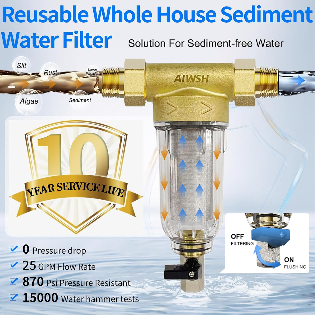 AIWSH AWS - QZ10 40 - Micron Spin - Down Whole House Sediment Filter | Reusable Cartridge | Anti - Burst & Freeze - Resistant Design Filter - AIWSH