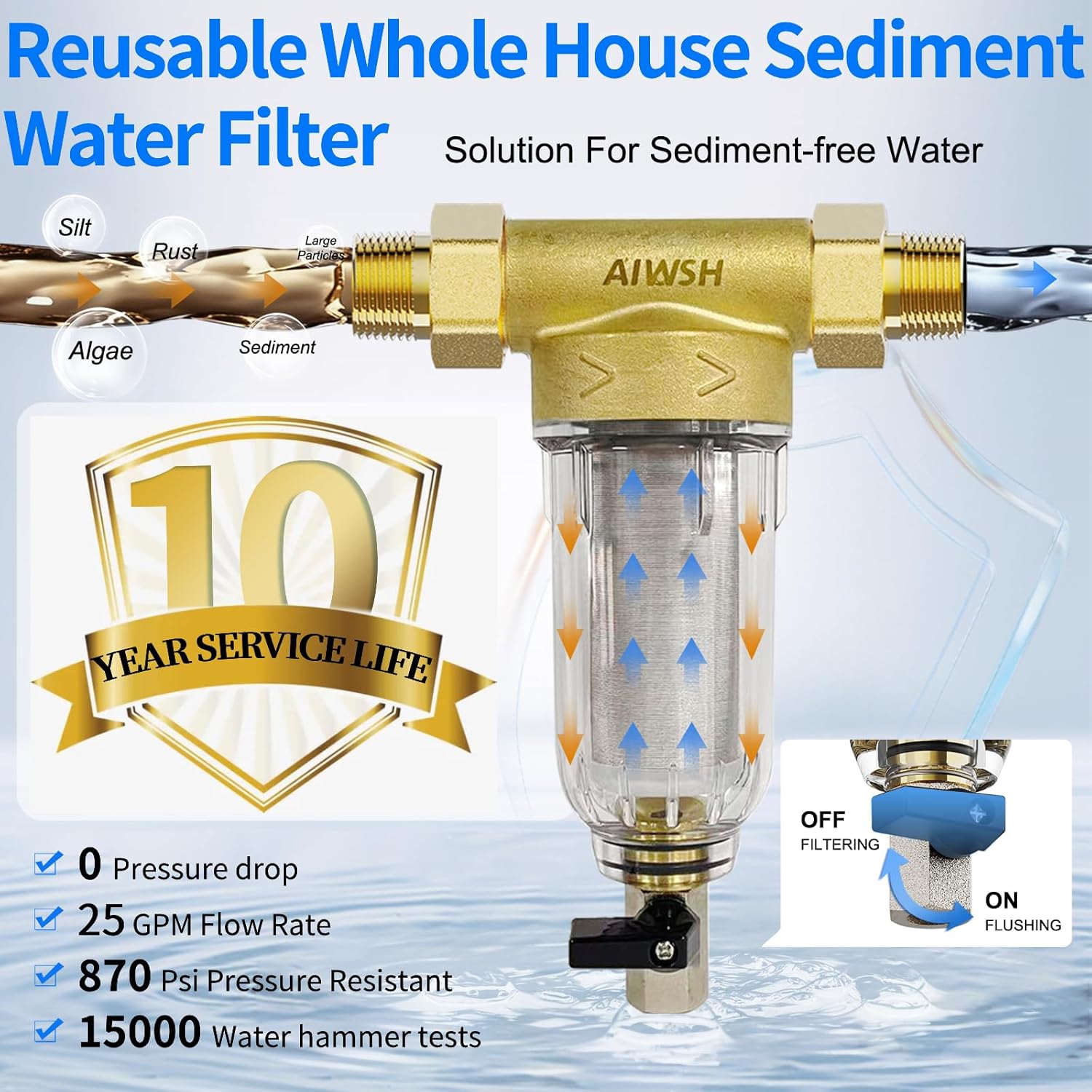 AIWSH AWS - QZ10 40 - Micron Spin - Down Whole - House Sediment Filter with Reusable Cartridge & Anti - Burst, Freeze - Resistant Design Filter - AIWSH