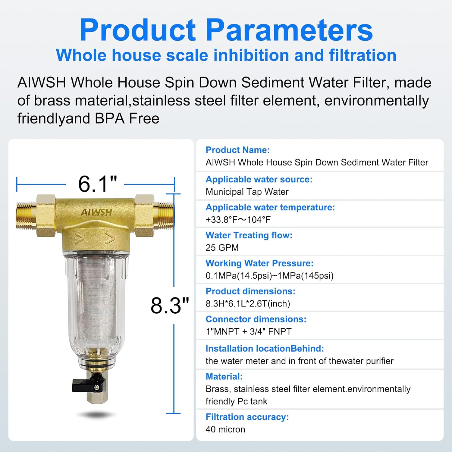 AIWSH AWS - QZ10 40 - Micron Spin - Down Whole - House Sediment Filter with Reusable Cartridge & Anti - Burst, Freeze - Resistant Design Filter - AIWSH